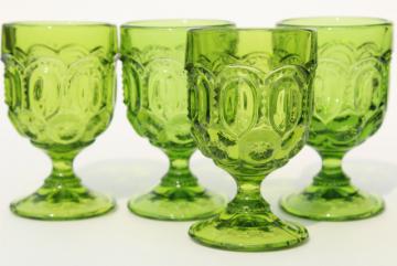vintage moon & stars pattern green glassware, cordial or sherry wine glasses