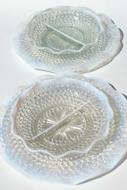 Vintage Moonstone Opalescent Hobnail Glass Relish Dishes And Sandwich Tray Serving Plates