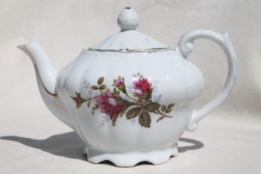 vintage moss rose china teapot, white porcelain tea pot w/ pink roses, made in Japan