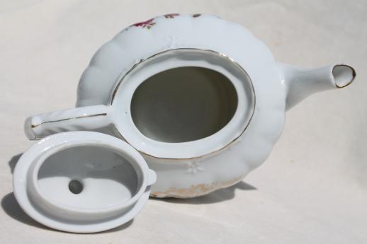 vintage moss rose china teapot, white porcelain tea pot w/ pink roses, made in Japan