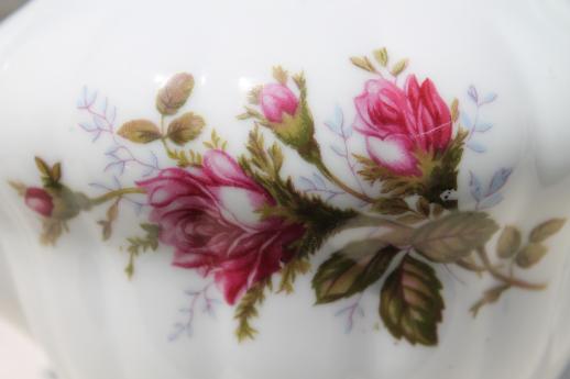 vintage moss rose china teapot, white porcelain tea pot w/ pink roses, made in Japan