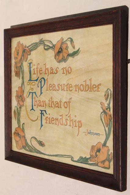vintage motto print in old oak picture frame, Samuel Johnson quote on friendship
