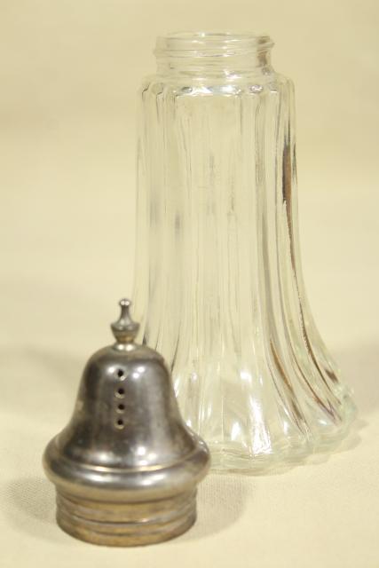 vintage muffineer - tea or breakfast table sugar shaker, glass jar w/ silver plate lid