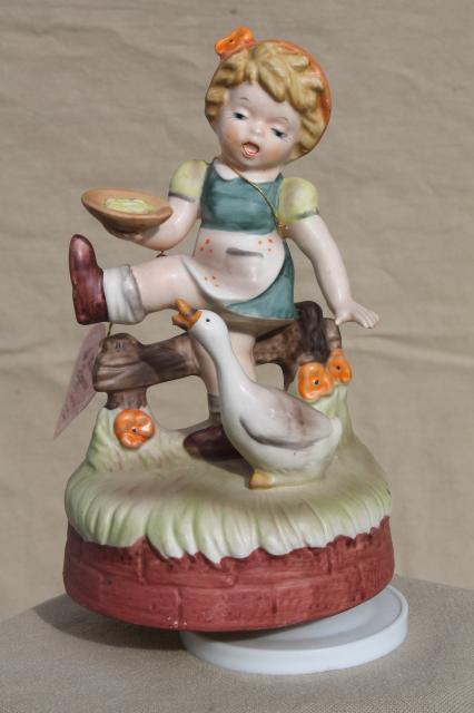 vintage music box, Hummel style little child ceramic goose girl figurine