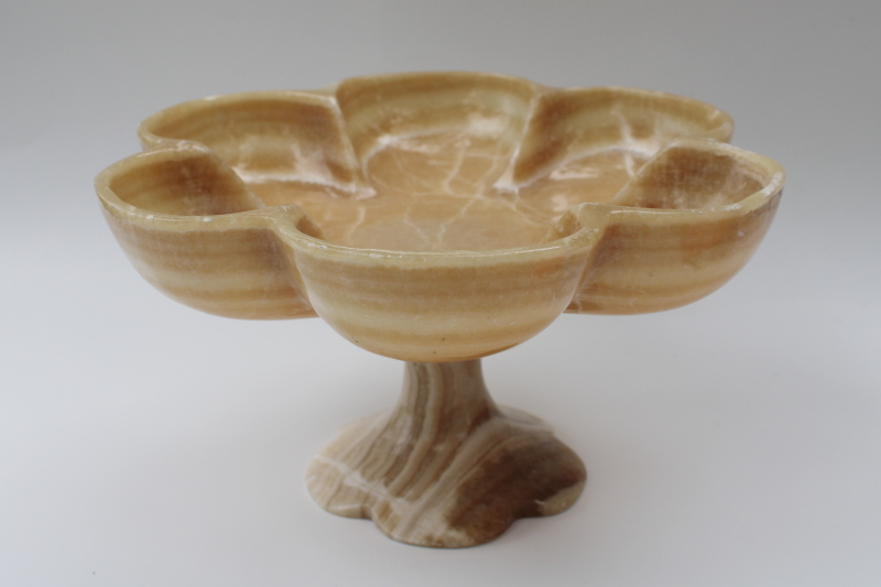 vintage natural stone pedestal bowl, carved Mexican onyx tan w/ white marble