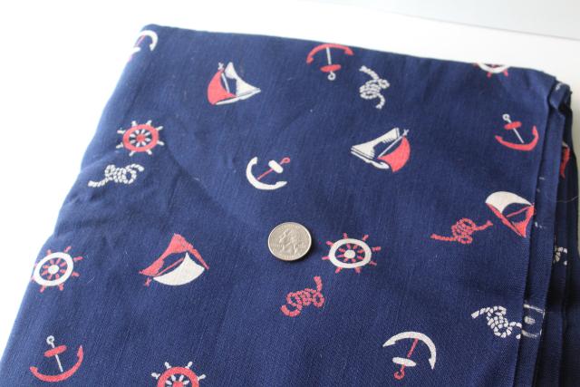 vintage navy blue linen weave fabric w/ red & white sailboats nautical print