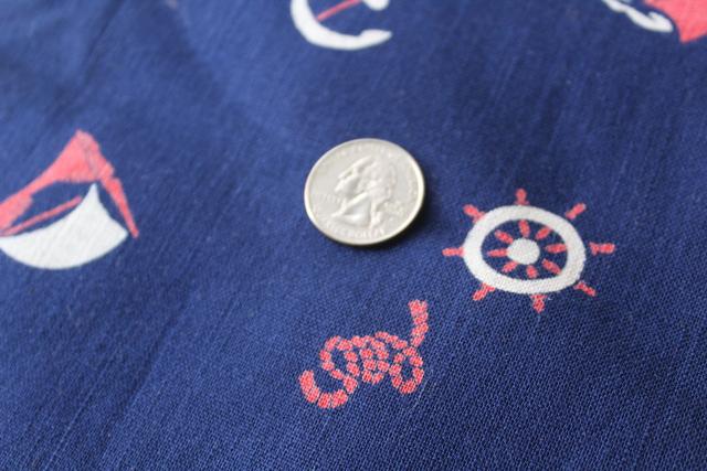 vintage navy blue linen weave fabric w/ red & white sailboats nautical print