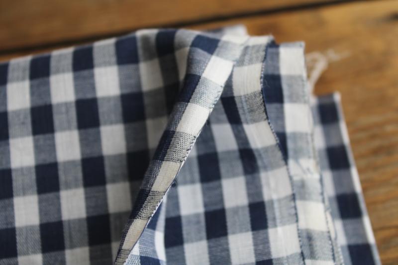 vintage navy blue & white checked gingham fabric, cotton poly blend woven checks