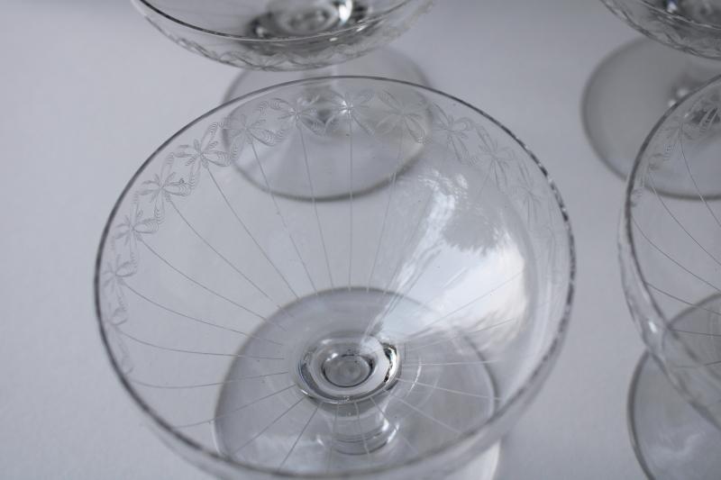 vintage needle etch etched crystal champagne glasses, set of 6 coupe champagnes