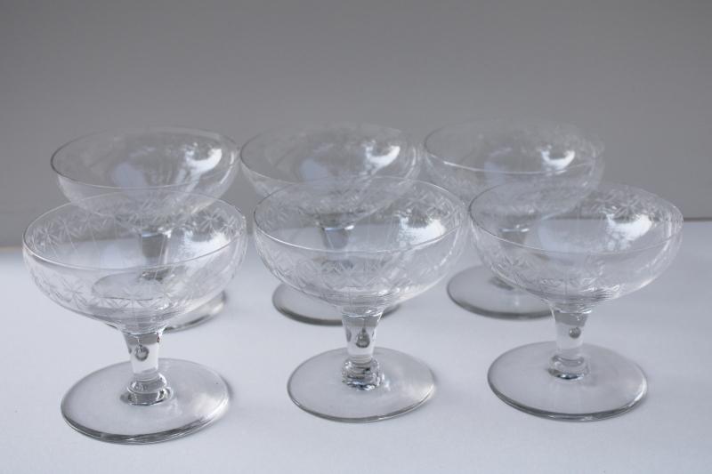 vintage needle etch etched crystal champagne glasses, set of 6 coupe champagnes