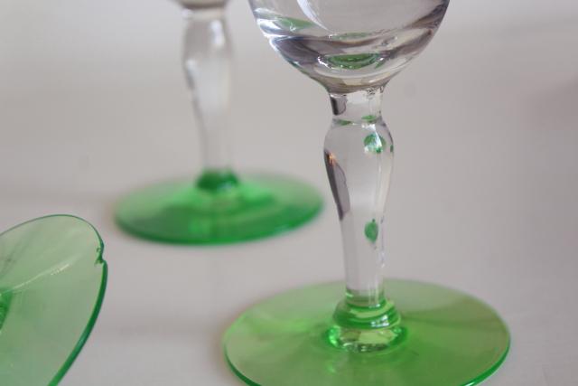 vintage needle etched water goblets, big wine glasses crystal clear w/ uranium green foot