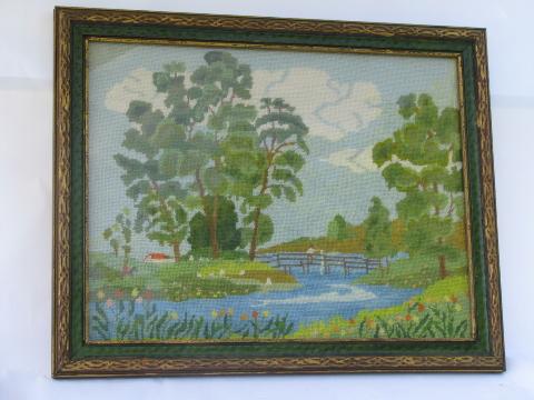 vintage needlepoint in antique wood frame, bridge over stream picture