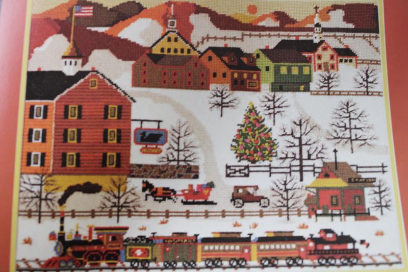 vintage needlepoint kit, Charles Wysocki holiday train print canvas wool yarns 