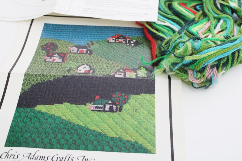 vintage needlepoint kit, printed canvas w/ yarn - farm barn country fields