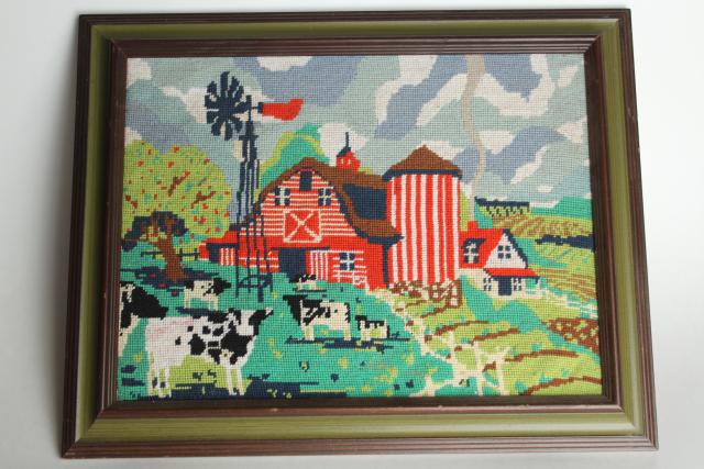 vintage needlepoint picture, holstein cows red barn farm scene in rustic wood frame