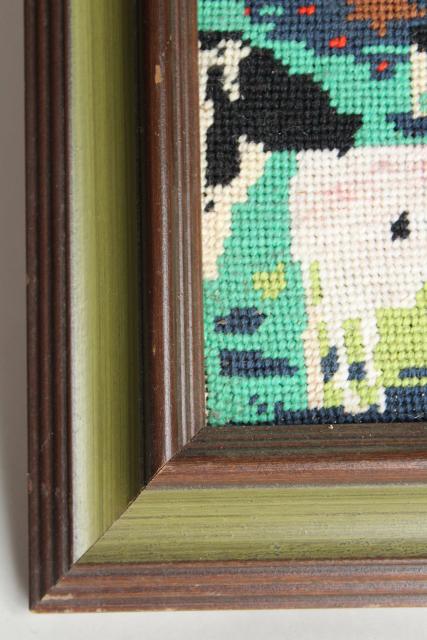 vintage needlepoint picture, holstein cows red barn farm scene in rustic wood frame