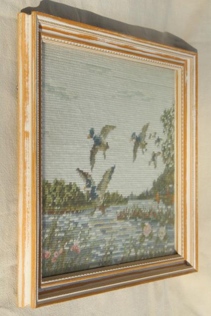 vintage needlepoint pictures, flying ducks & hunter, duck hunting marsh scenes