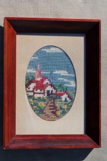 vintage needlepoint pictures, roses & a little white church in cottage style frames