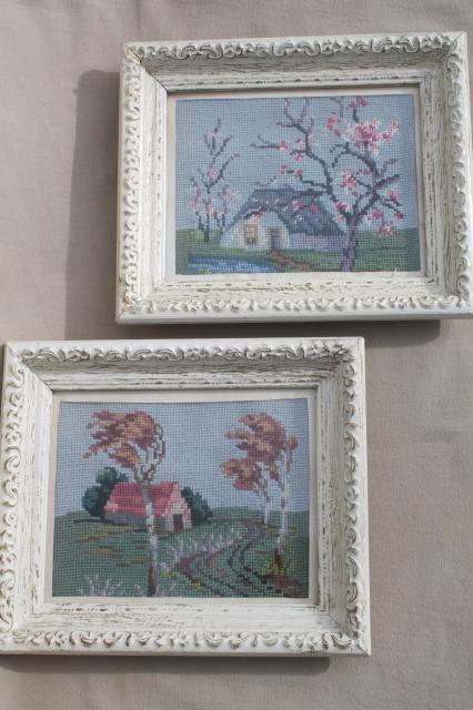 vintage needlepoint pictures, shabby chic country scenes in white painted wood frames