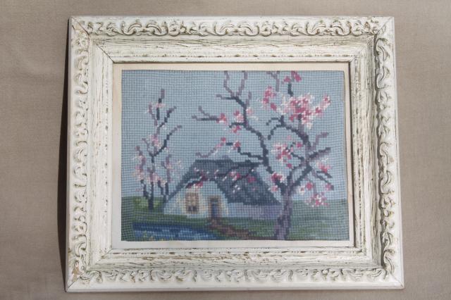 vintage needlepoint pictures, shabby chic country scenes in white painted wood frames