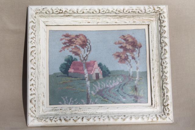 vintage needlepoint pictures, shabby chic country scenes in white painted wood frames