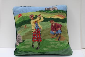 vintage needlepoint pillow, Scottish golfers golfing Scotland preppy decor