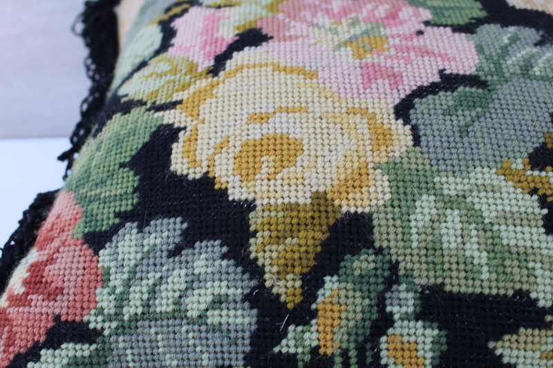 vintage needlepoint pillow Victorian style floral on black w/ fringe, feather insert