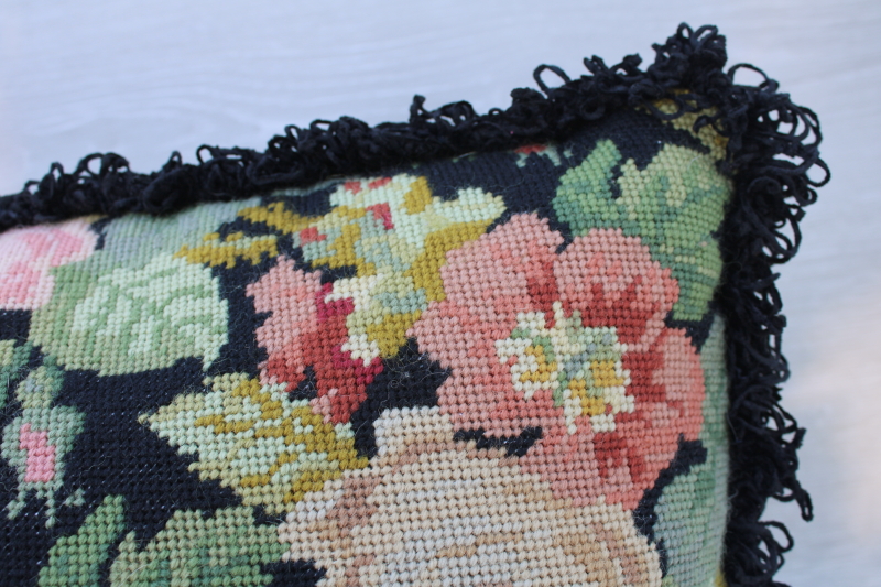 vintage needlepoint pillow Victorian style floral on black w/ fringe, feather insert