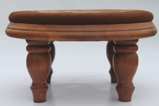 vintage needlepoint seat stool or hassock, rock maple hardwood footstool w/ turned legs