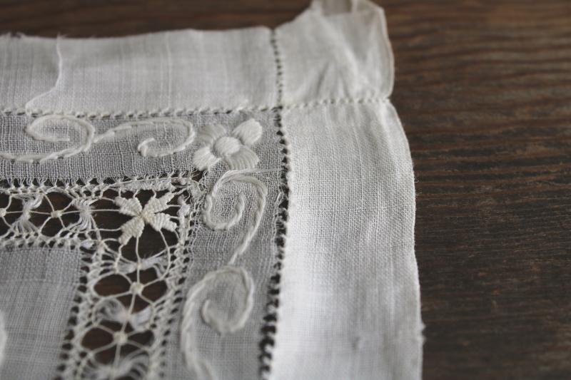 vintage needlework, Chinese dragon embroidered cotton whitework w/ drawn thread