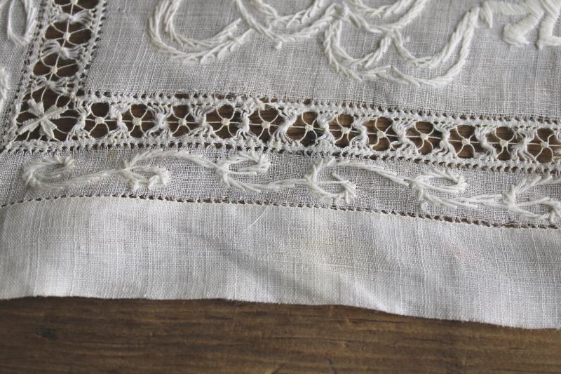 vintage needlework, Chinese dragon embroidered cotton whitework w/ drawn thread