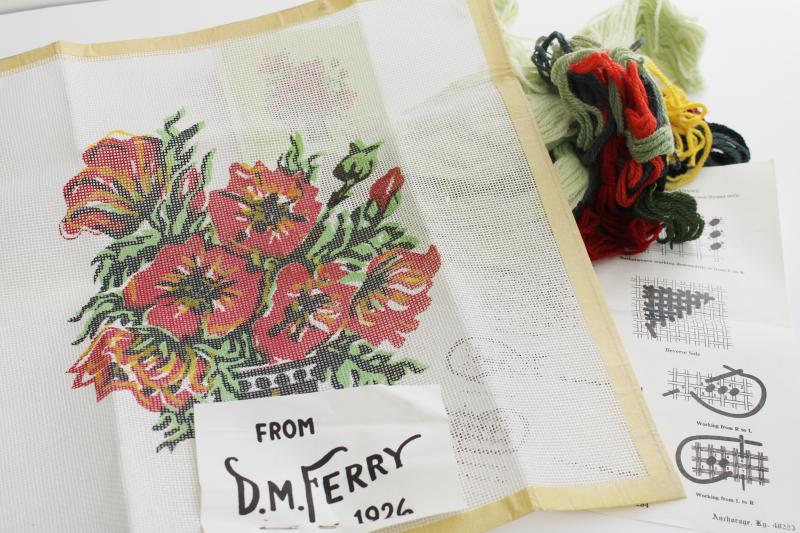 Download vintage needlework kit, needlepoint persian wool yarn & canvas, Ferry flower seed illustration