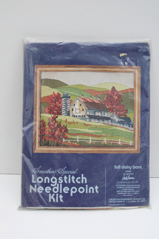 vintage needlework kit wool embroidery long stitch needlepoint old barn fall scene landscape