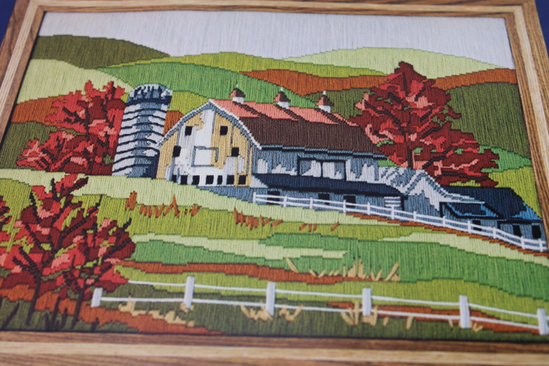 vintage needlework kit wool embroidery long stitch needlepoint old barn fall scene landscape