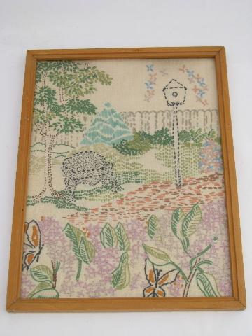 vintage needlework picture, flower garden bench seat, embroidered on linen