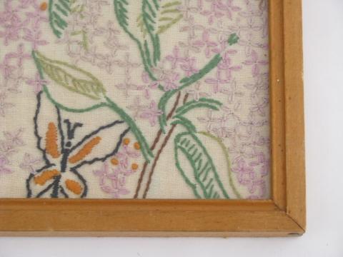 vintage needlework picture, flower garden bench seat, embroidered on linen