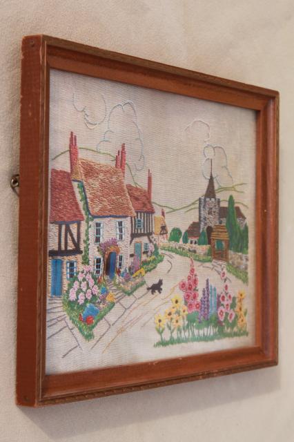vintage needlework sampler paper print, framed English village scene w/ cottage gardens
