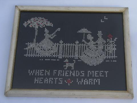 vintage needlework samplers, cross-stitch embroidery motto, home is where the heart is