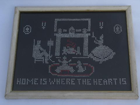 vintage needlework samplers, cross-stitch embroidery motto, home is where the heart is