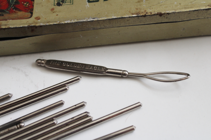 vintage needlework tools, tiny steel crochet hooks for lace making crocheted edgings