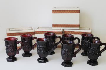 vintage new in box Avon Cape Cod ruby red glass tall mugs for coffee, cocoa or cider set of 8