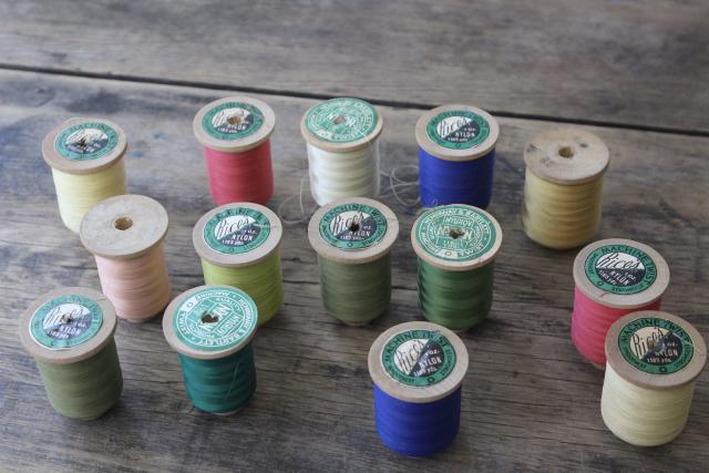 vintage nylon sewing thread in jewel colors on big old wooden spools
