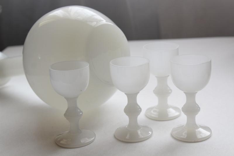vintage opaline milk glass decanter & glasses, Portieux Vallerysthal white opalescent glass