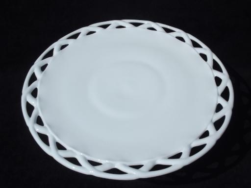 vintage open lace edge milk glass cake stand, footed pedestal plate