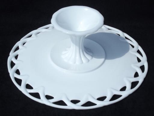 vintage open lace edge milk glass cake stand, footed pedestal plate