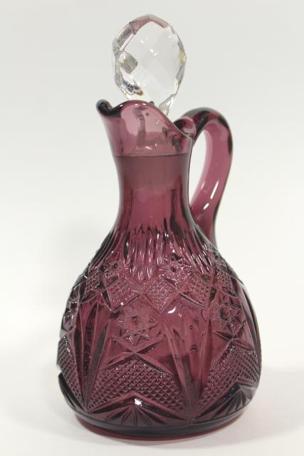 vintage or antique amethyst glass cruet bottle, star and zigag bar pattern pressed glass