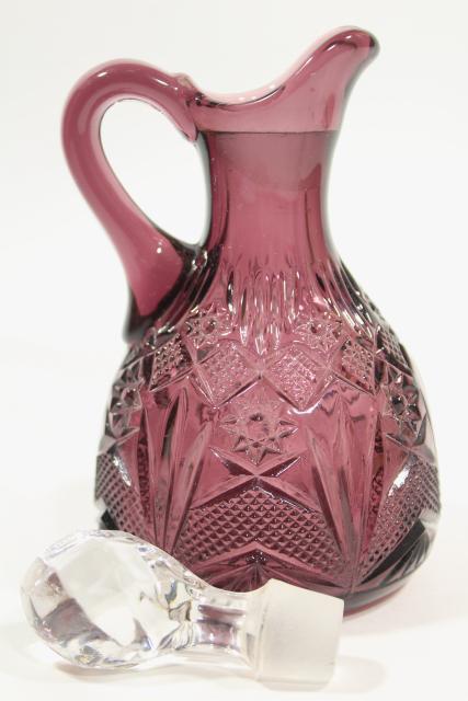 vintage or antique amethyst glass cruet bottle, star and zigag bar pattern pressed glass