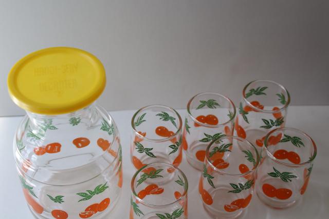 vintage orange juice set, juice glasses & refrigerator bottle w/ oranges print