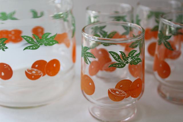 vintage orange juice set, juice glasses & refrigerator bottle w/ oranges print
