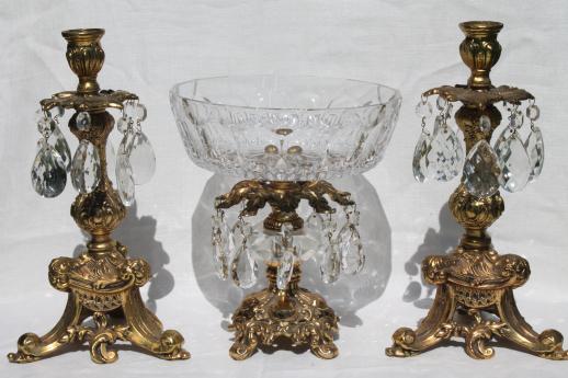 vintage ormolu ornate gold & crystal pedestal bowl & candlesticks w/ glass prisms teardrops